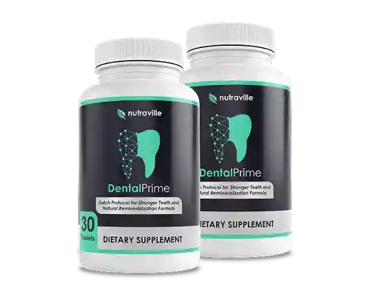 DentalPrime oral health supplement bottle introducing its D3, K2, hydroxyapatite calcium, xylitol, cranberry and zinc formula