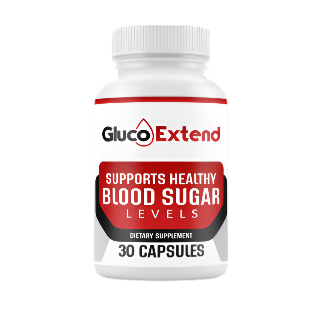 Gluco Extend blood sugar supplement bottle with capsules on a light blue background