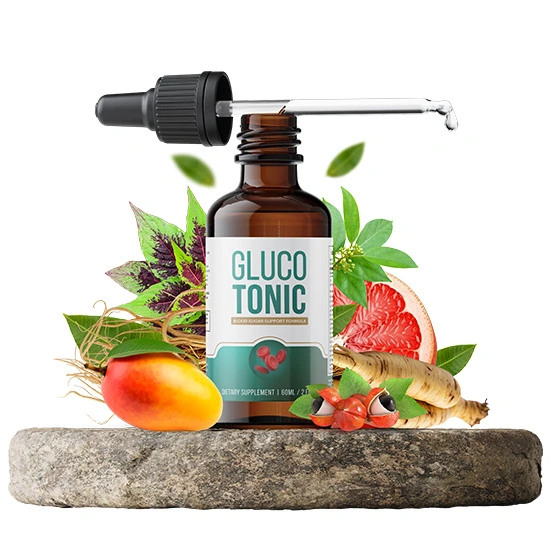 GlucoTonic liquid dropper bottle with light blue and blue label, a botanical blood sugar and energy supplement