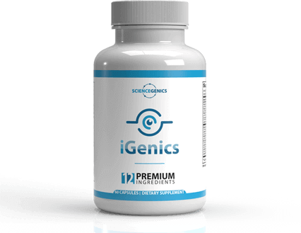 Bottle of iGenics eye health capsules on a light blue background