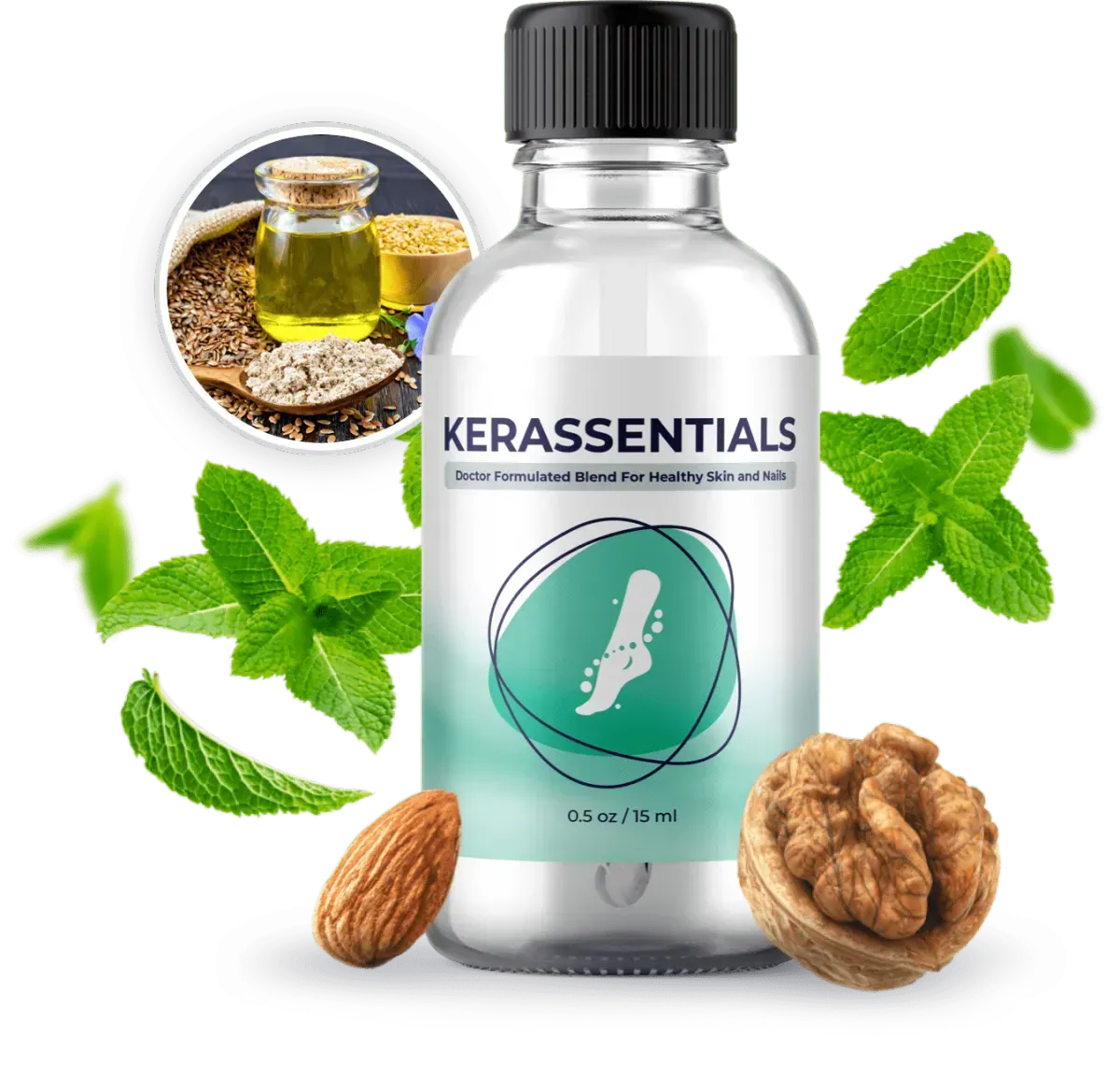 Bottle of Kerassentials nail and skin oil next to its dropper applicator
