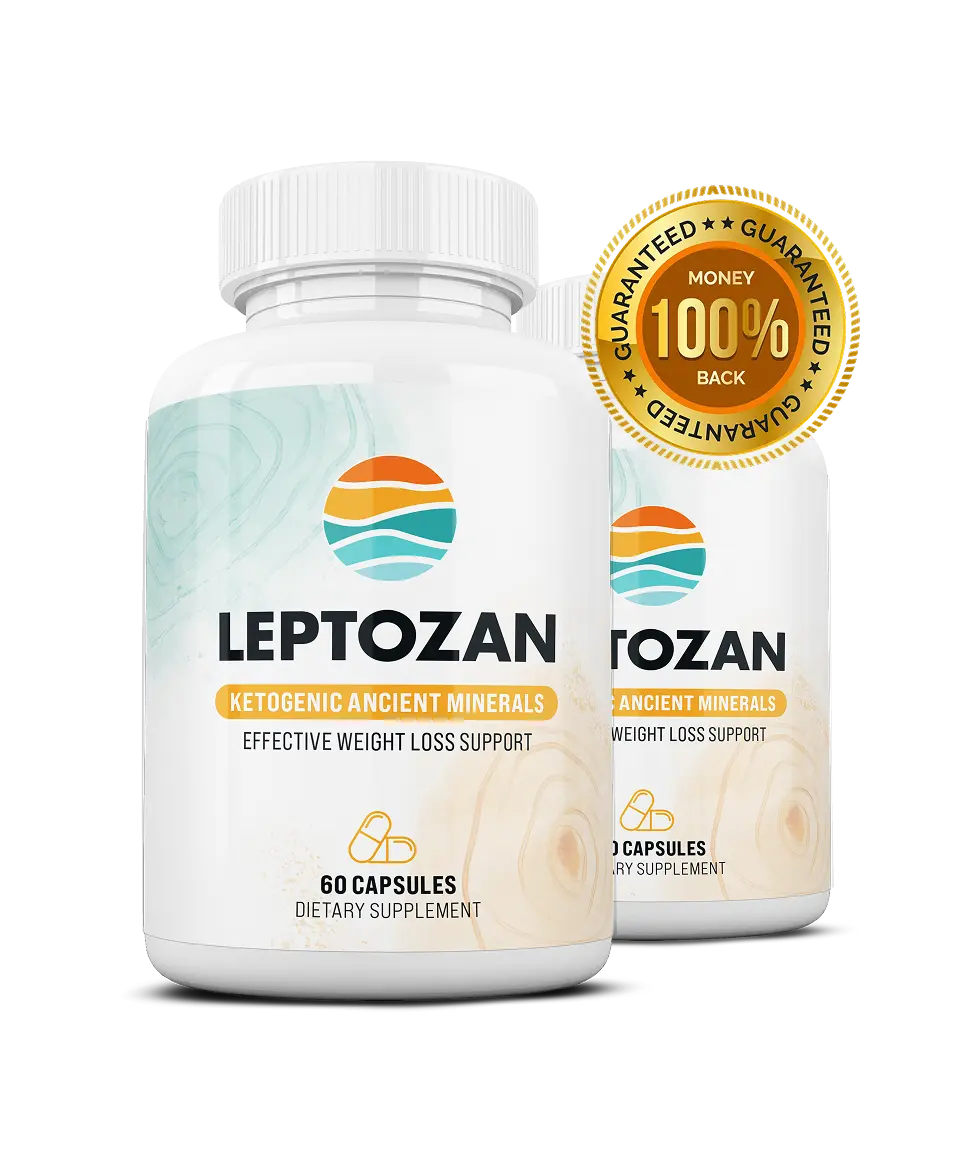 Leptozan supplement bottle with calcium, sodium and magnesium BHB salts on a light blue Dead Sea mineral background