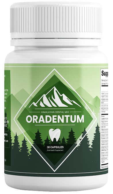 Oradentum fresh breath dental supplement bottle on a light blue background