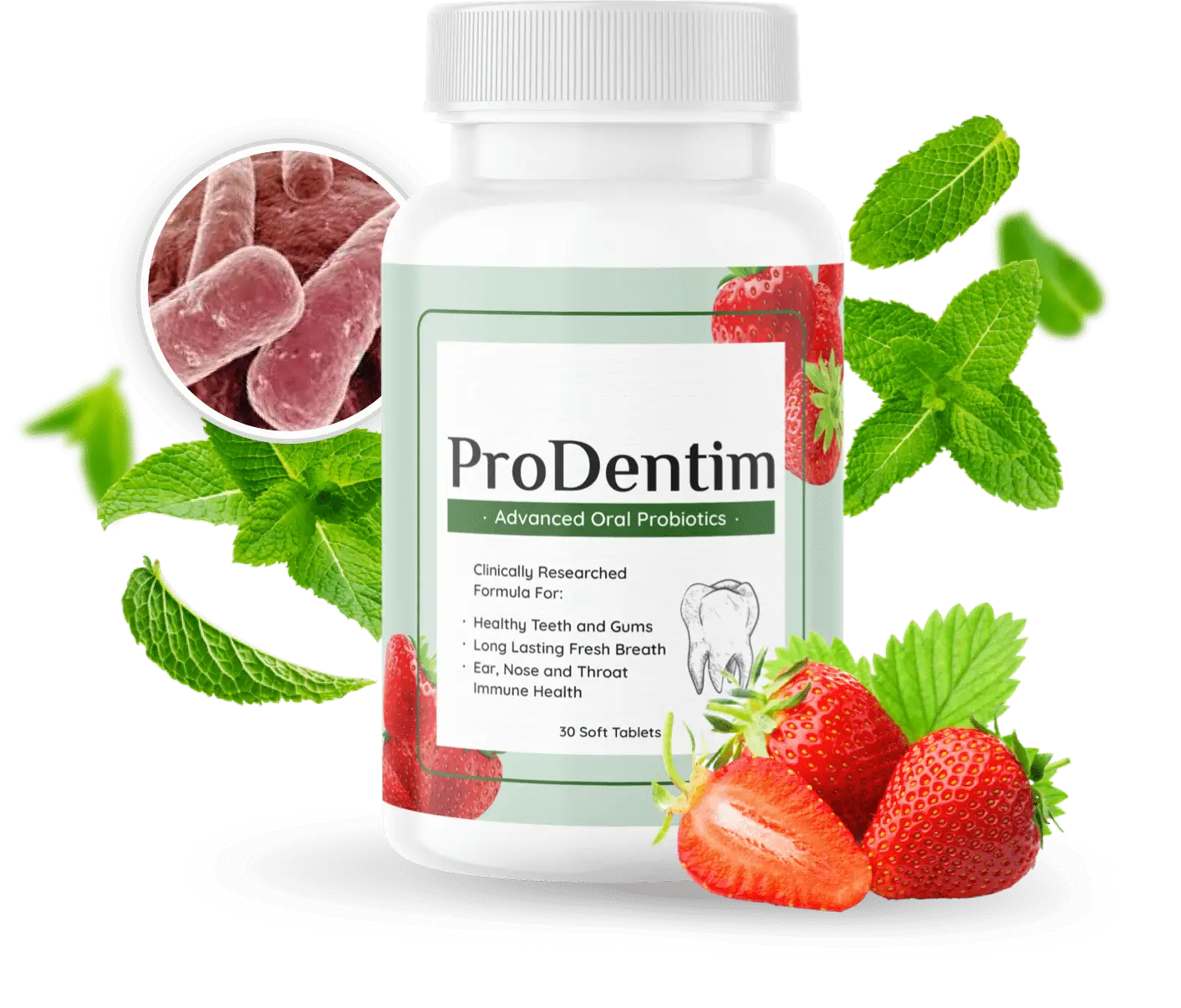 Prodentim chewable oral probiotic tablet bottle with strawberry flavor packaging