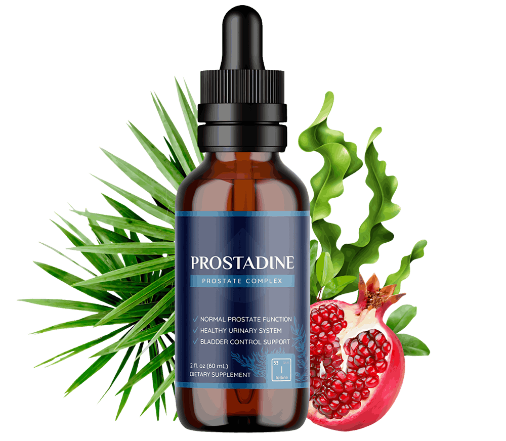 Prostadine liquid prostate and urinary health supplement bottle with dropper on a light blue background