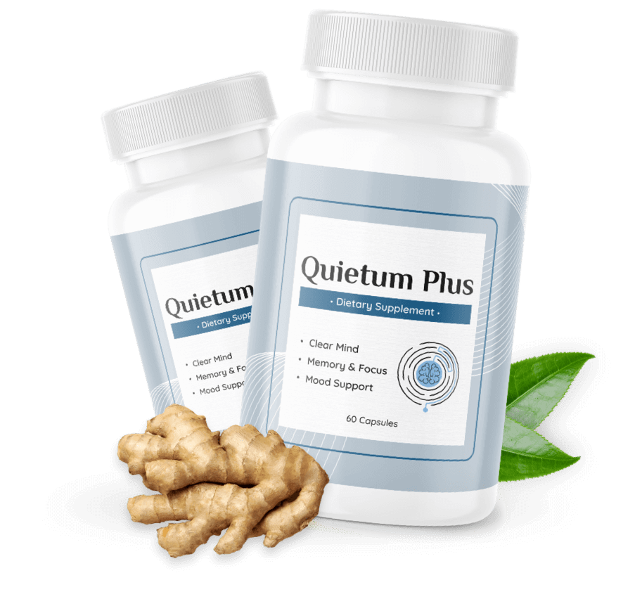 Bottle of Quietum Plus ear and hearing support supplement capsules on a light blue background