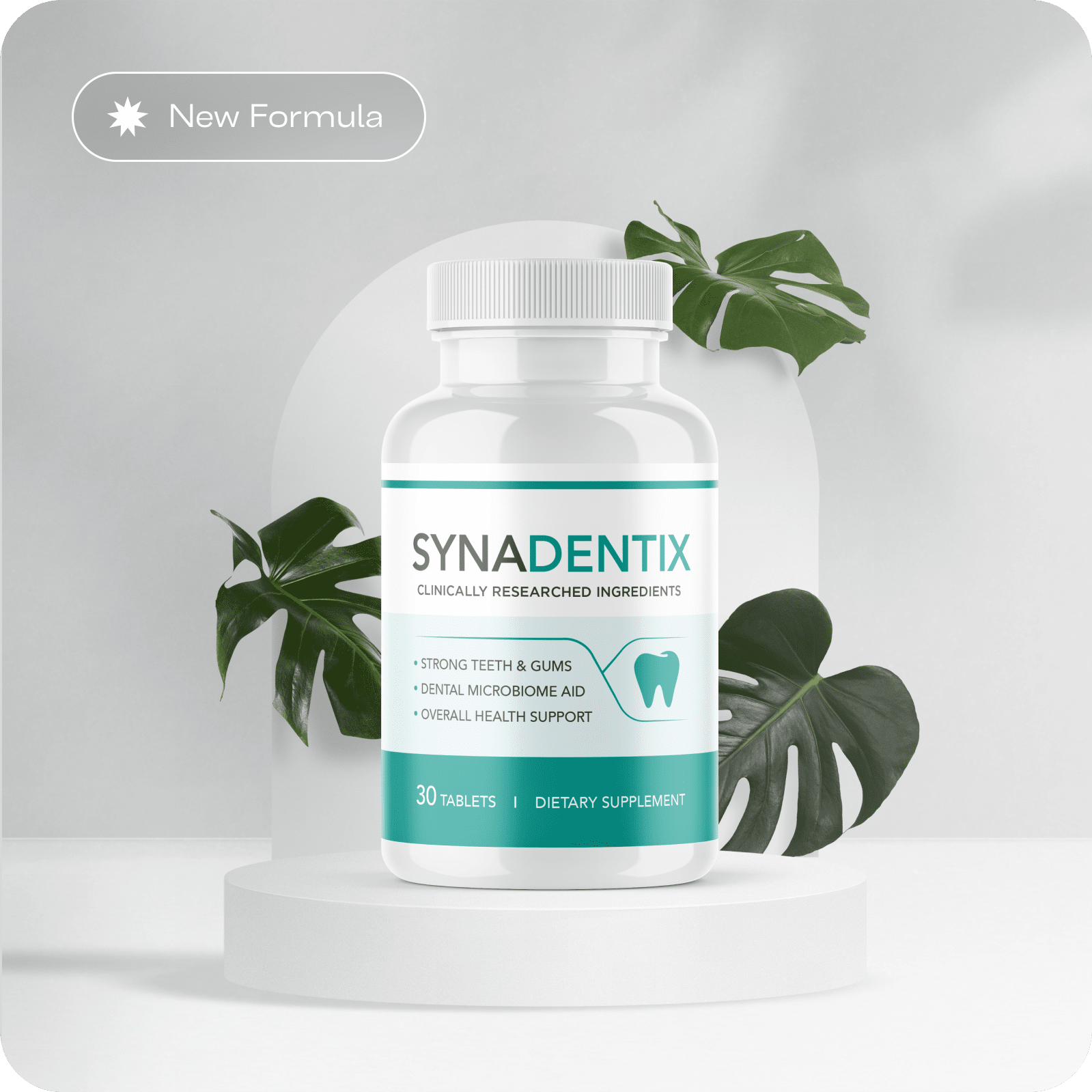 Synadentix chewable oral microbiome supplement bottle with tablets