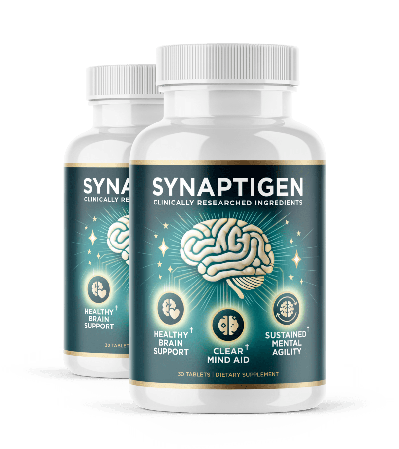 Synaptigen brain support supplement bottle with blue packaging on a light background
