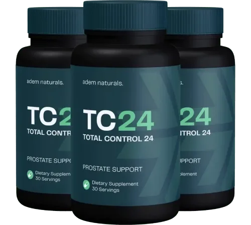 TC24 prostate support supplement bottle with capsules spilling out onto a light blue background