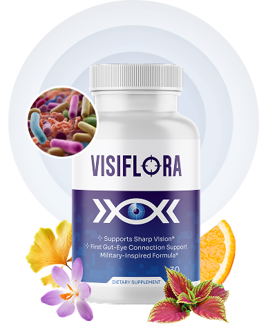 Visiflora eye health supplement bottle with lutein and zeaxanthin capsules on a light blue background